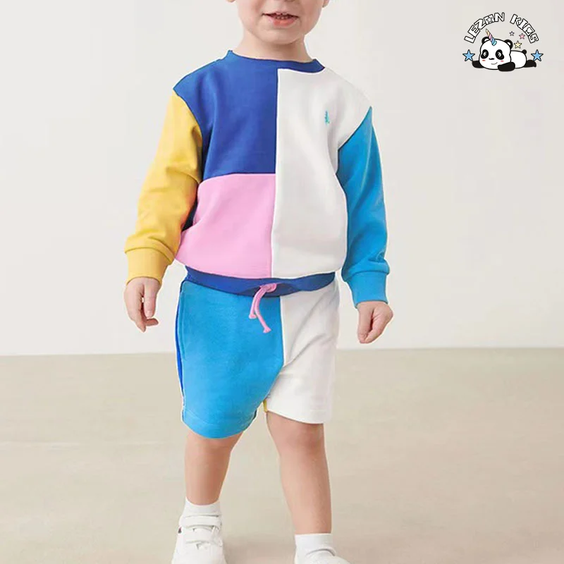 LEZONKIDS - Customizable High Street 2PCS Boys' Clothing Block Color Sweatshirt Shorts Boy Clothing Sets